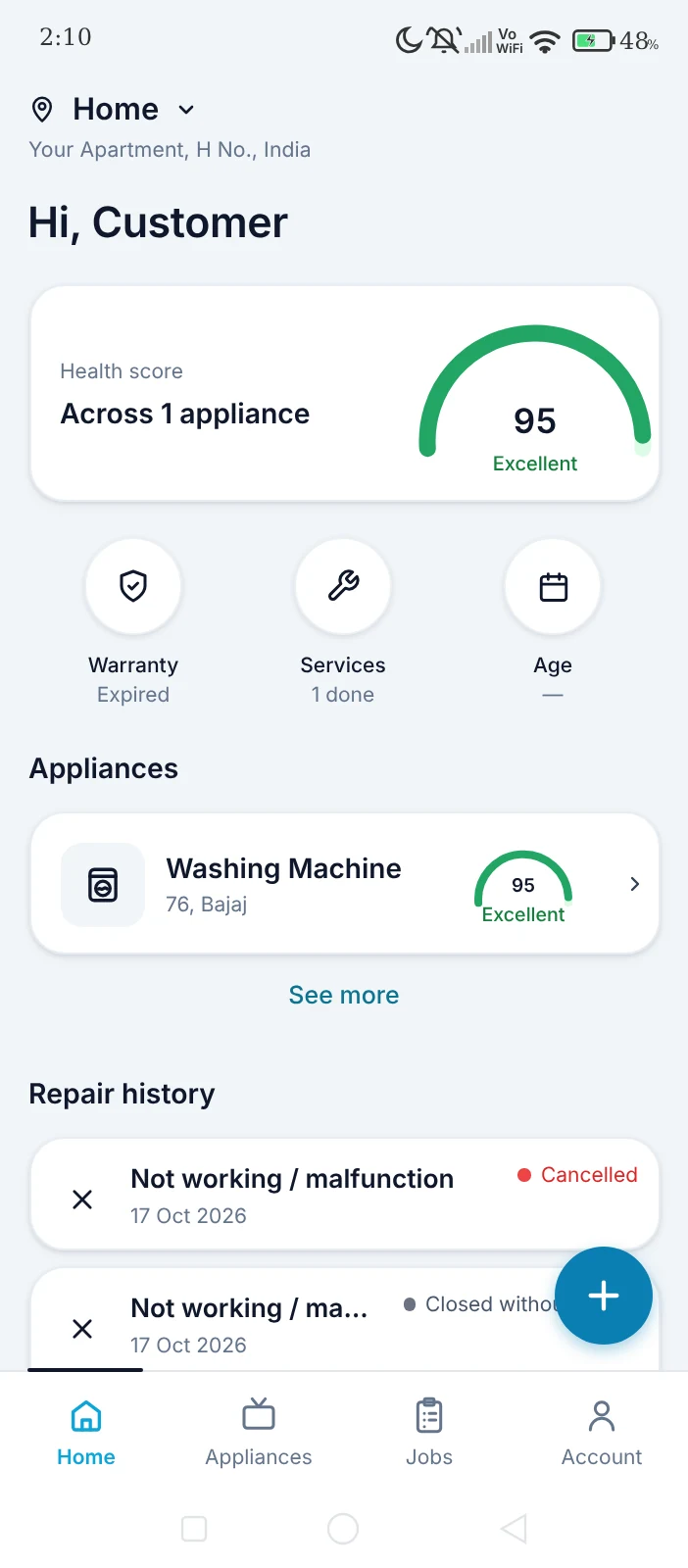 EveryWare customer app home screen with the appliance health score, appliances list and repair history