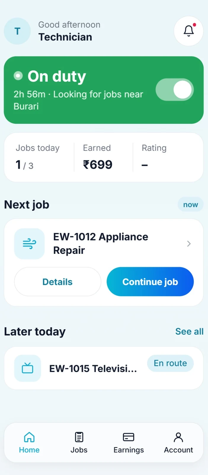 EveryWare technician app home screen with on-duty status, jobs today, earnings and the next job