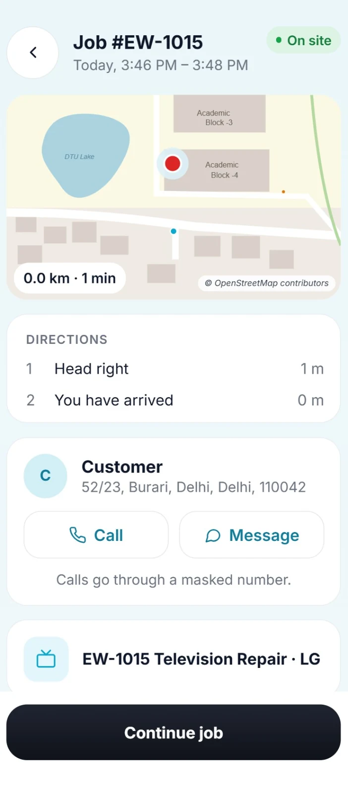 EveryWare technician app job screen with a map, directions to the customer and a Continue job button