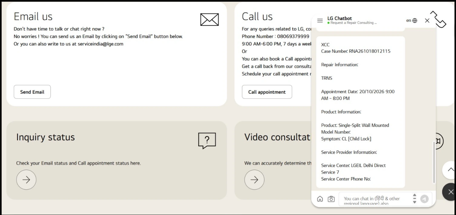Screenshot of LG India's Contact Us page showing the Email us, Call us, Inquiry status and Video consultation options