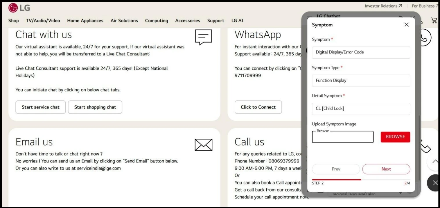 Screenshot of LG India's Contact Us page with the service chat and repair symptom form open